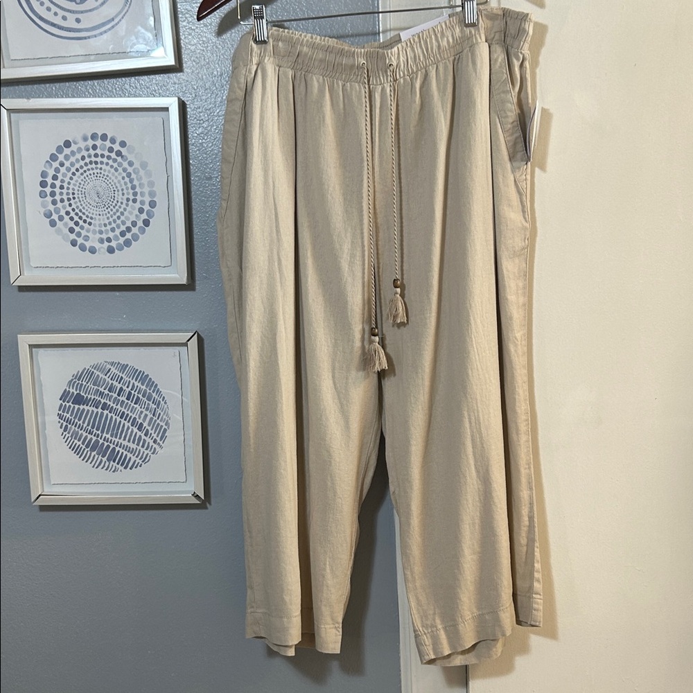 Westbound Linen Blend Women’s Plus Size 2X Pull On Tan Island Crop Pants